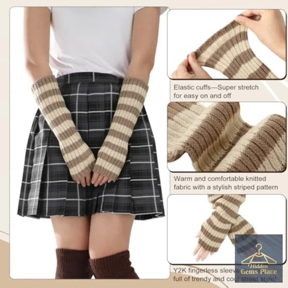 Knit Leg and Arm Warmers Set, Stretchy Thermal Fingerless Sleeves, Y2K Style